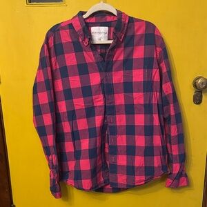 Vintage Aeropostale Men's Casual Pink and Blue Plaid Shirt